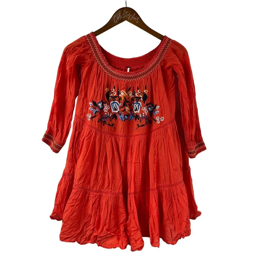Free People Sunbeams Mini Dress S Embroidered Floral Peasant Red Bohemian